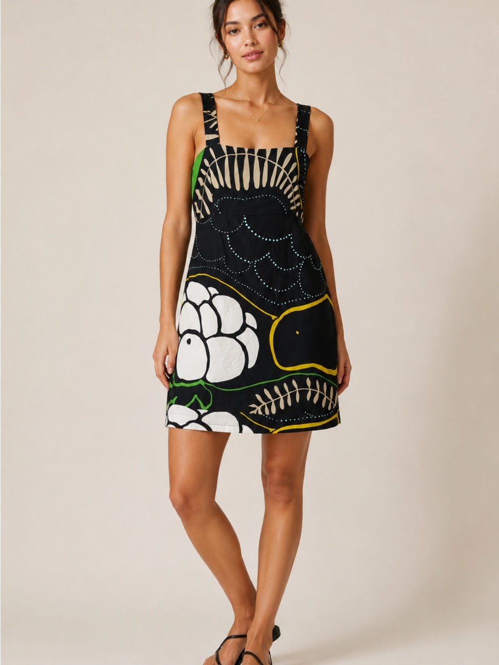 Anthropologie Marimekko Black Floral Print Square-Neck Mini Dress Size 6